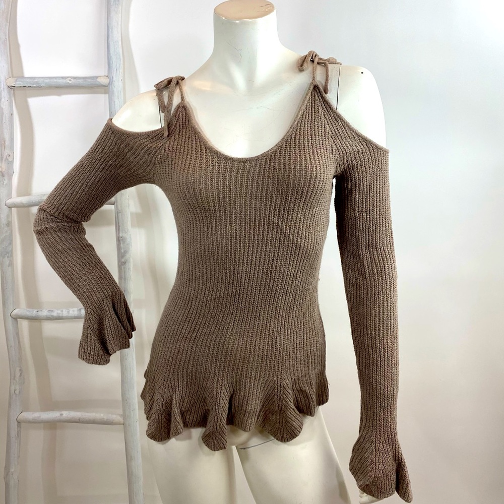 Express Super Soft Taupe Cold Shoulder Sweater